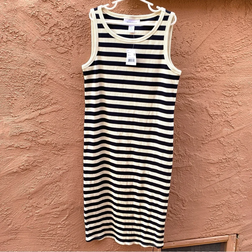 MOTHERHOOD MATERNITY TANK RIB KNIT DRESS FITTED BODYCON BLACK WHITE STRIPE - Picture 10 of 11